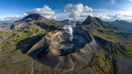 High-altitude view of a steaming volcano surrounded by rugged mountain peaksの素材