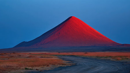 Giant lava dome glowing red at the top of a volcano during twilightの素材
