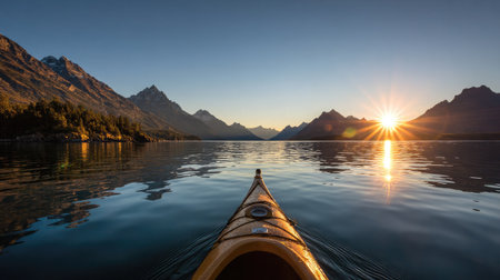 Golden sun rays spill over the mountaintops, catching a boat's bow and creating brilliant lake highlightsの素材