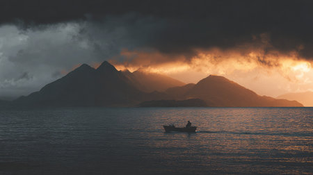 High contrast silhouette of a boat and mountain skyline with sun glowing behind cloudsの素材