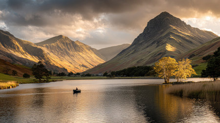 Dusk casts long shadows across the lake as a lone boat drifts below a glowing sky and layered mountainsの素材