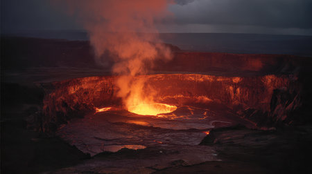 Glowing red lava bursts from a volcano's crater, lighting up the surrounding darknessの素材