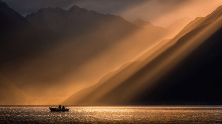 Golden sun rays spill over the mountaintops, catching a boat's bow and creating brilliant lake highlightsの素材