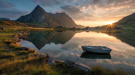 Golden hour light beams over a tranquil mountain lake with a tiny anchored boat and vivid sky reflectionsの素材