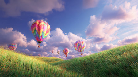 Dreamlike view of floating solar balloons in harmony with a vibrant green meadowの素材