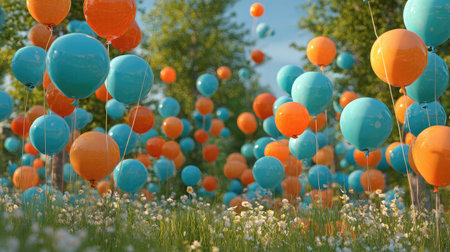 Energy-efficient balloons soaking up sun in a tech-meets-nature meadow compositionの素材