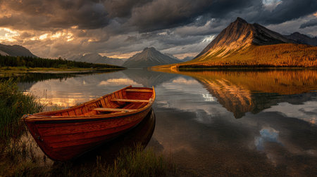 Golden light caresses the edges of a lake boat with forested mountain backdropの素材