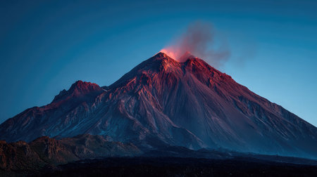 Giant lava dome glowing red at the top of a volcano during twilightの素材