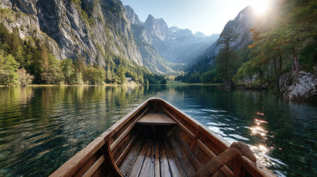 Gentle ripples surround a boat in the center of a sunny mountain valley lakeの素材