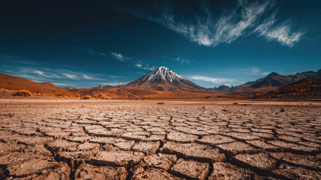 Isolated volcano in desert terrain with dry, cracked ground in foregroundの素材