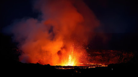 Glowing red lava bursts from a volcano's crater, lighting up the surrounding darknessの素材