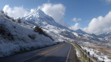 High mountain pass with view of a snow-dusted volcano and blue sky backdropの素材