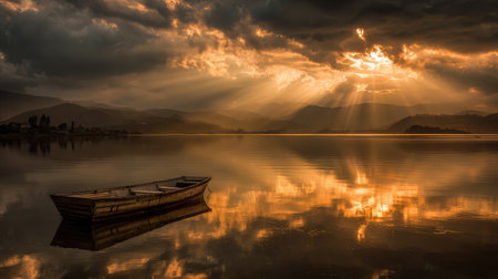 Golden sun rays spill over the mountaintops, catching a boat's bow and creating brilliant lake highlightsの素材