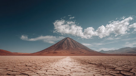 Isolated volcano in desert terrain with dry, cracked ground in foregroundの素材