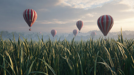 High-resolution side view of solar balloons floating above tall, green grassの素材