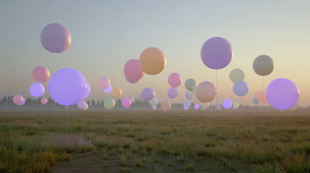 Grassy open space with pastel-colored solar balloons illuminated by the sunの素材