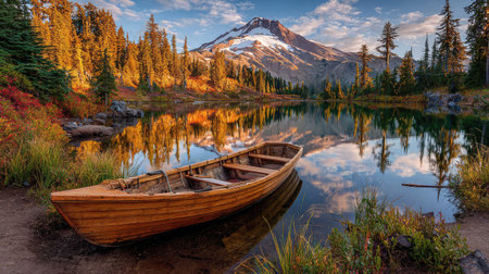 Golden light caresses the edges of a lake boat with forested mountain backdropの素材