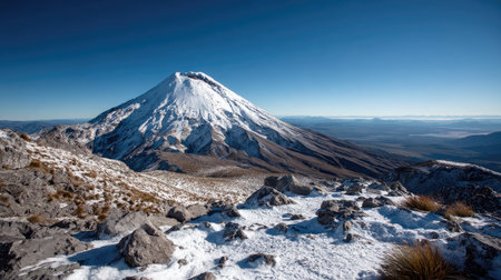 High mountain pass with view of a snow-dusted volcano and blue sky backdropの素材