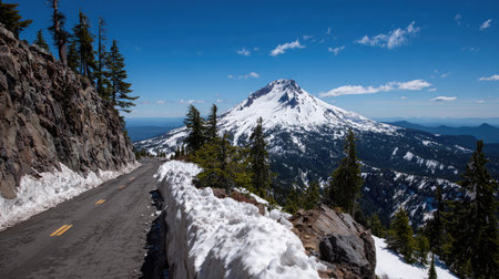 High mountain pass with view of a snow-dusted volcano and blue sky backdropの素材