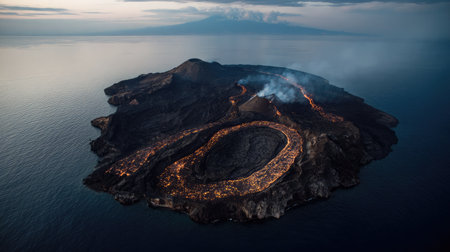 Remote volcanic island viewed from above with crater and lava trails visibleの素材