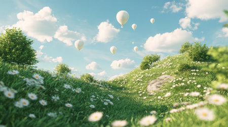 Lush green ground dotted with blooming daisies beneath drifting solar balloonsの素材