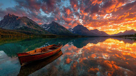 Sunset clouds swirl above a tiny boat framed by vast mountains and golden water reflectionsの素材