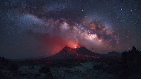 Nighttime eruption with red-hot lava shooting from the volcano under starry skyの素材