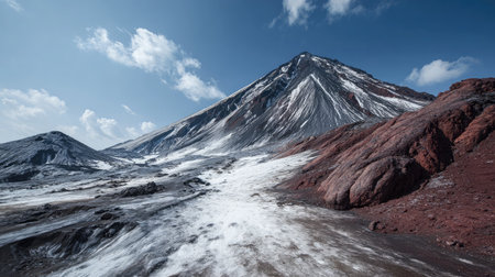 Stark contrast of snow and lava on a high-altitude volcanic slopeの素材