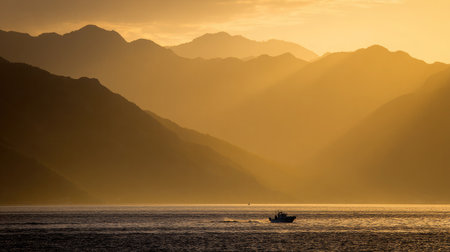 Vibrant golden sun highlights the outline of a boat in front of distant mountain ridgesの素材