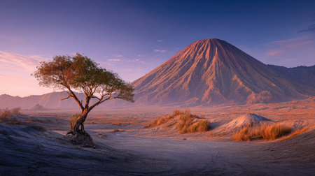 Majestic volcano standing alone in a barren landscape under soft evening lightの素材