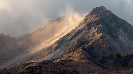 Sunrise lighting up the side of a volcano with fresh ash covering the slopesの素材