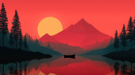 Majestic mountain silhouettes surround a glowing lake where a boat rests calmly under the bright sunの素材
