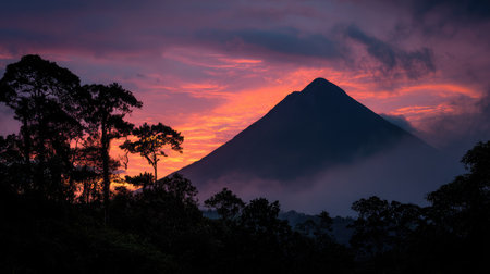 Silhouetted volcano at dawn with pink-orange sky glowing behind itの素材