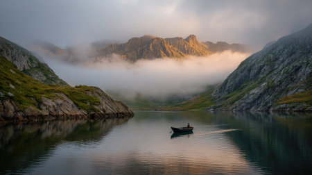 Misty mountain landscape with soft sun behind and a tiny boat in the center of a quiet lakeの素材