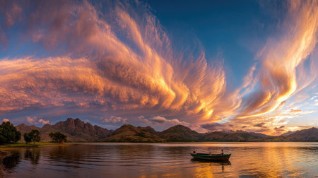 Sunset clouds swirl above a tiny boat framed by vast mountains and golden water reflectionsの素材
