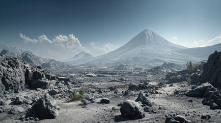 Vast landscape of volcanic rock, ash, and peaks with a quiet volcano in the centerの素材