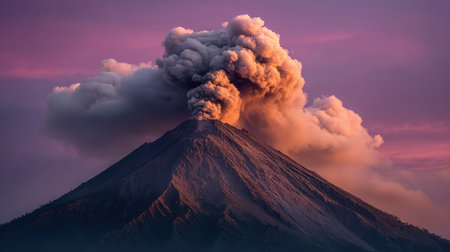 Thick black smoke billowing from the crater of an erupting volcano at sunsetの素材