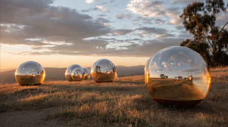 Sunset colors reflect off spherical solar balloons above a peaceful country meadowの素材