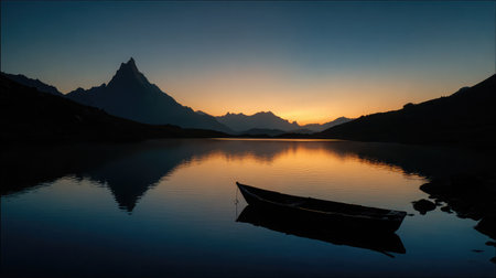 Silhouetted peaks and a glowing lake mirror a moored boat under soft sunrise lightの素材
