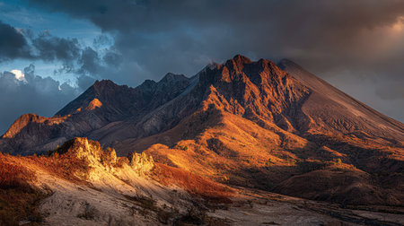 Sunrise lighting up the side of a volcano with fresh ash covering the slopesの素材