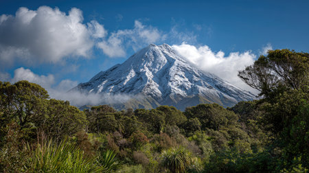 Snow-covered volcano peak surrounded by clouds above a dense forestの素材
