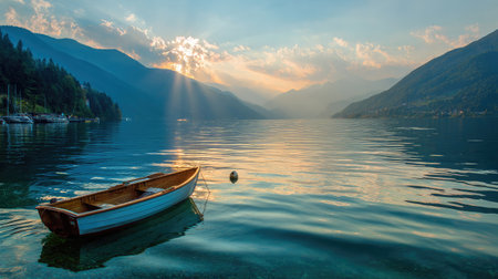 Sunlight filters through clouds above a small boat on a mountain lake, calm and radiantの素材