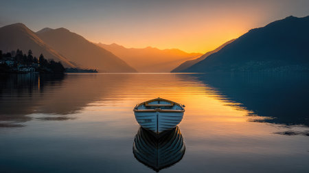 Peaceful lakeside setting with a solitary boat and distant hills bathed in glowing golden lightの素材