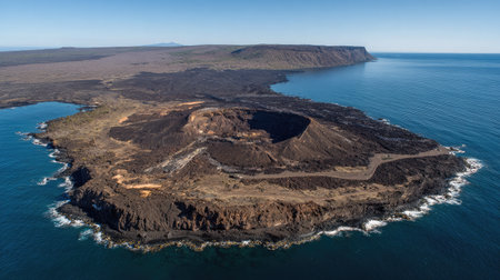 Remote volcanic island viewed from above with crater and lava trails visibleの素材