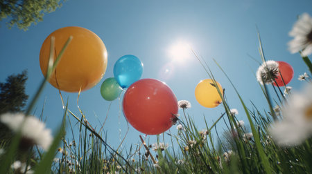 Vibrant spring meadow alive with solar balloons catching the midday sunの素材