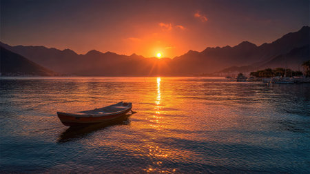 Vibrant golden sun highlights the outline of a boat in front of distant mountain ridgesの素材