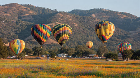 Wide-angle view of solar balloons scattered across a vibrant wildflower meadowの素材