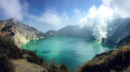 Volcanic caldera filled with emerald lake and rising steam under morning lightの素材