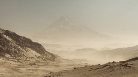 Wide desert landscape with a dormant volcano in the distance and dust swirlingの素材
