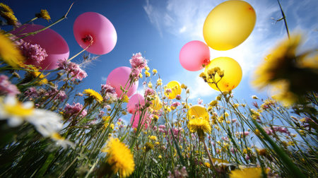 Vibrant spring meadow alive with solar balloons catching the midday sunの素材